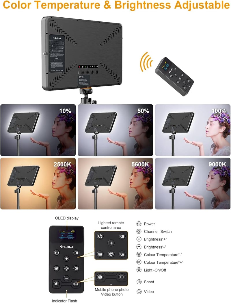 ULANZI K20 LED videólámpa távirányítóval, 600 lumen, 2500-9000K, YouTube/streaming