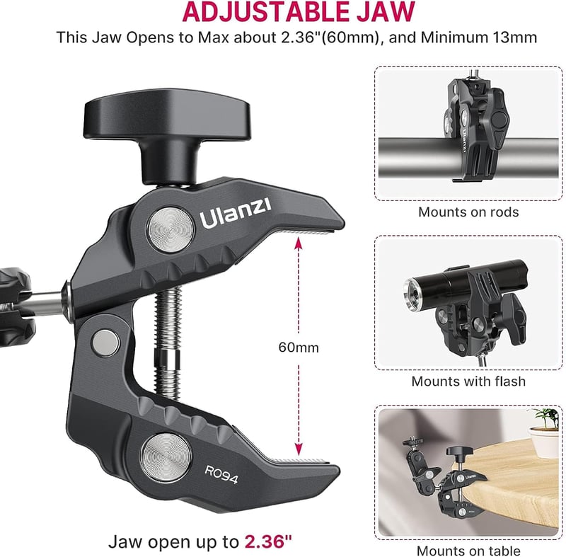 ULANZI R094 Super Clamp Rák 360° Dupla Gömbfej Kamera LED Lámpa Stabilizátor Tartó