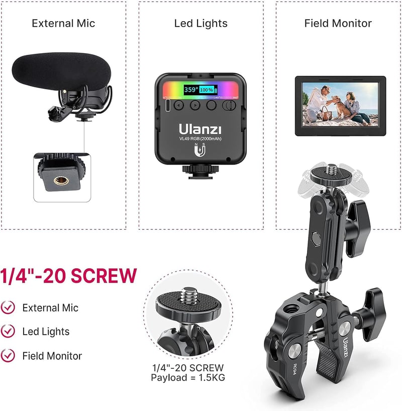 ULANZI R094 Super Clamp Rák 360° Dupla Gömbfej Kamera LED Lámpa Stabilizátor Tartó