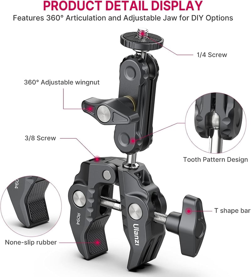 ULANZI R094 Super Clamp Rák 360° Dupla Gömbfej Kamera LED Lámpa Stabilizátor Tartó