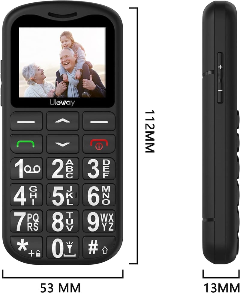 uleway Idős mobiltelefon nagy gombokkal Dual SIM SOS vészhívó, töltőállomás, szerződés nélkül