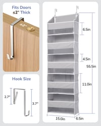 Závesný organizér na dvere ULG, 5 veľkých vreciek, 10 sieťovaných vreciek, nosnosť 20 kg, 5 úrovní, sivý, na hračky, topánky, plienky 5