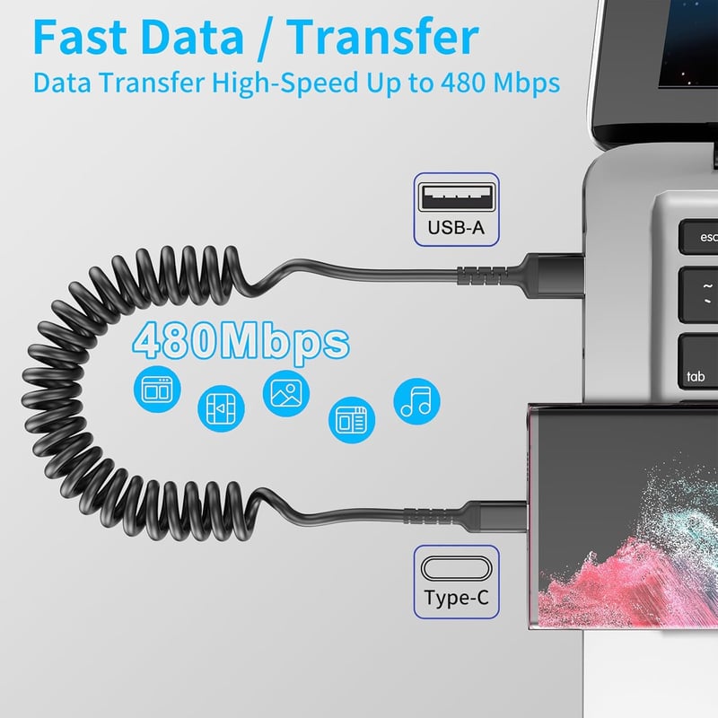 ULIFTUS Spirál USB A - USB C Kábel 2db - CarPlay Adatszinkronizáló Töltőkábel Samsung Galaxy, Huawei, Xiaomi, Google Pixel Telefonokhoz

AI:
