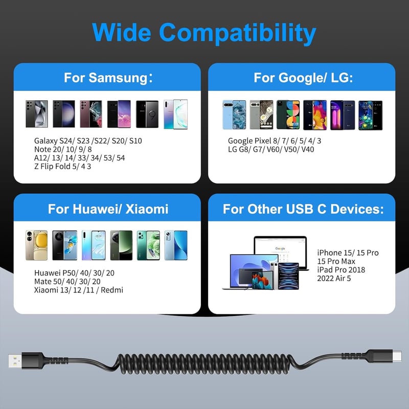 ULIFTUS Spirál USB A - USB C Kábel 2m 2db - Gyorstöltő Adatkábel Samsung Galaxy S20-S23, A51, Note10, Xiaomi és Google Pixel Telefonokhoz, C
