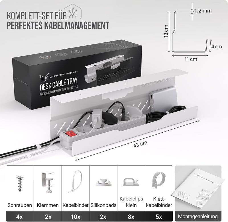 Ultimate Setup Prémium Kábelvezető Asztalhoz - Fehér Kábeltálca Asztal Szervezéshez - 1er Set, White