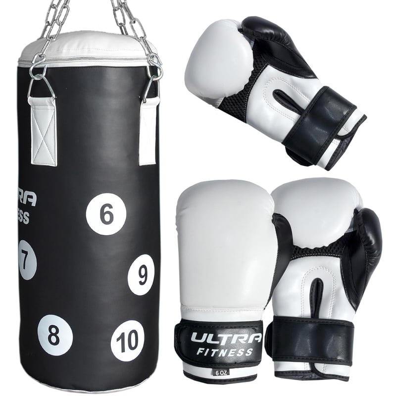 ULTRA FITNESS CROSSJAB Sac de Box pentru Copii cu Mănuși și Lanț – Set de Box Umplut pentru Copii, pentru Antrenamente de MMA, Muay Thai, Karate