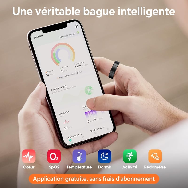 Ultra Vékony Okosgyűrű - 24/7 Pulzus, Véroxigén, Alvás és Testhőmérséklet Figyelés, Telefon Távvezérlés, Android iOS Kompatibilis, 