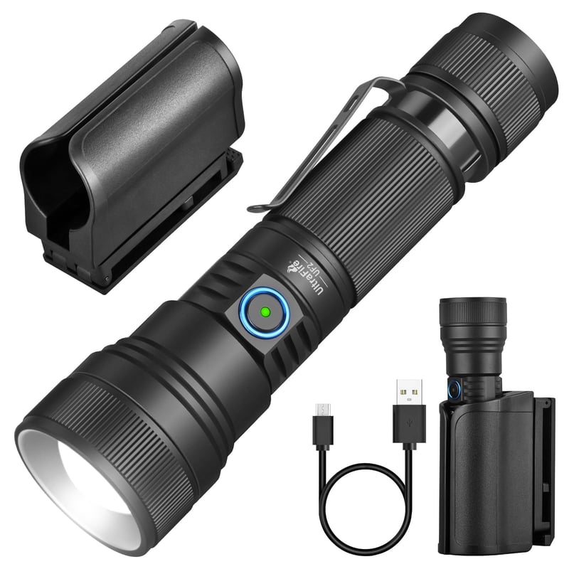 Lanternă tactică reîncărcabilă cu LED UltraFire UF2 cu toc, 1500 lumeni, 5 moduri, zoom, lanternă de poliție cu suport de curea, pentru patrulare și sarcini de securitate