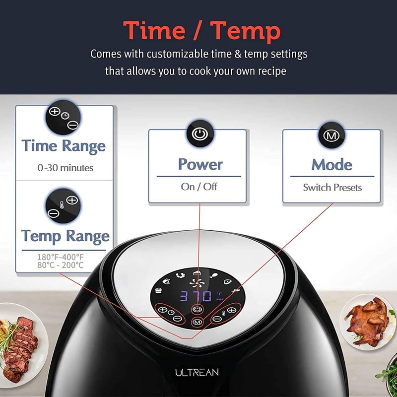 Ultrean 8,5 literes Forrólevegős Sütő, Családi Méretű Olajmentes Légkeveréses Fritőz, 7 Előbeállítással, LCD Érintőkijelzővel, 1700W, Fekete