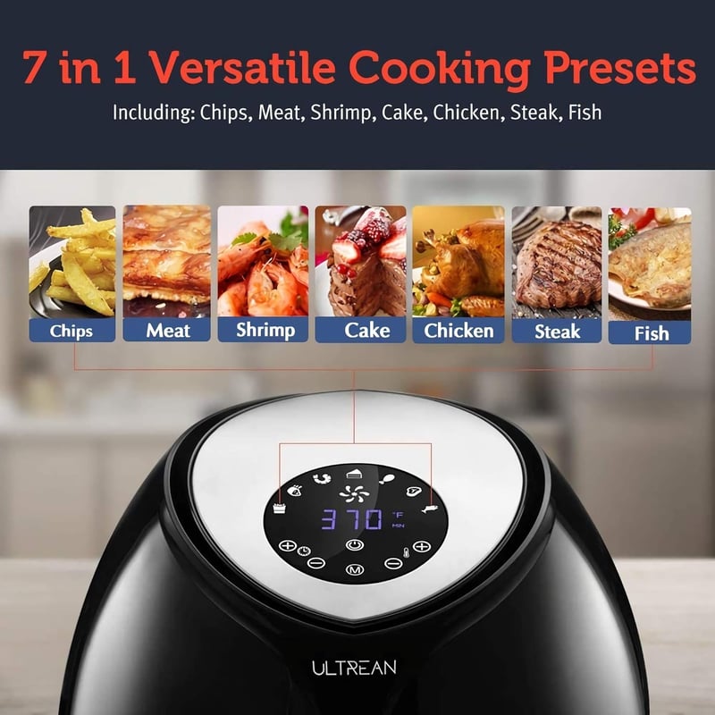 Ultrean 8,5 literes Forrólevegős Sütő, Családi Méretű Olajmentes Légkeveréses Fritőz, 7 Előbeállítással, LCD Érintőkijelzővel, 1700W, Fekete