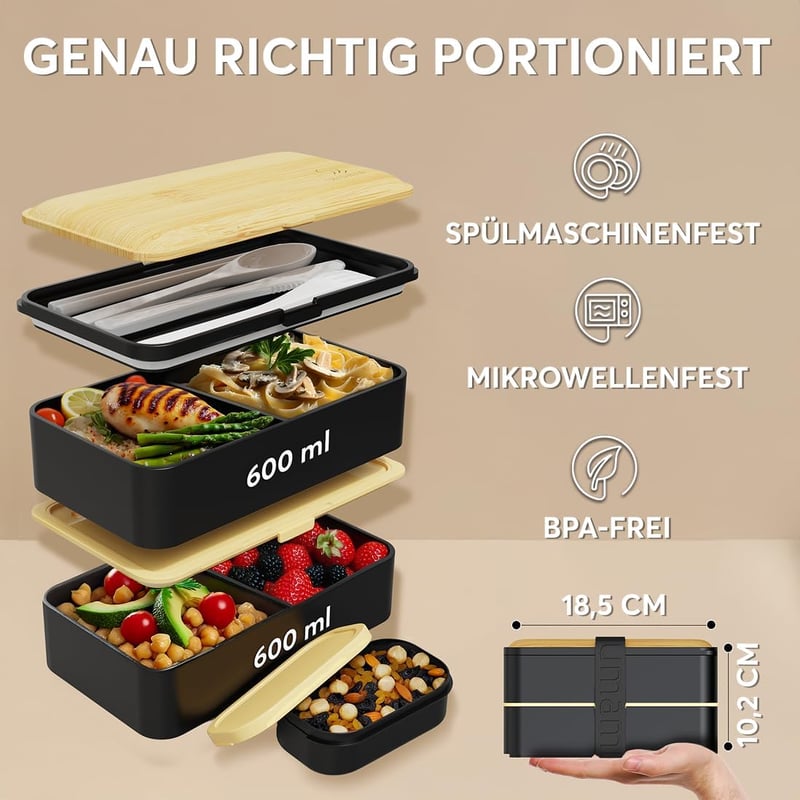 Umami Bento Ételhordó Felnőtteknek és Gyerekeknek, 2 Szósz Tartóval, Mikrózható és Mosogatógépben Mosható