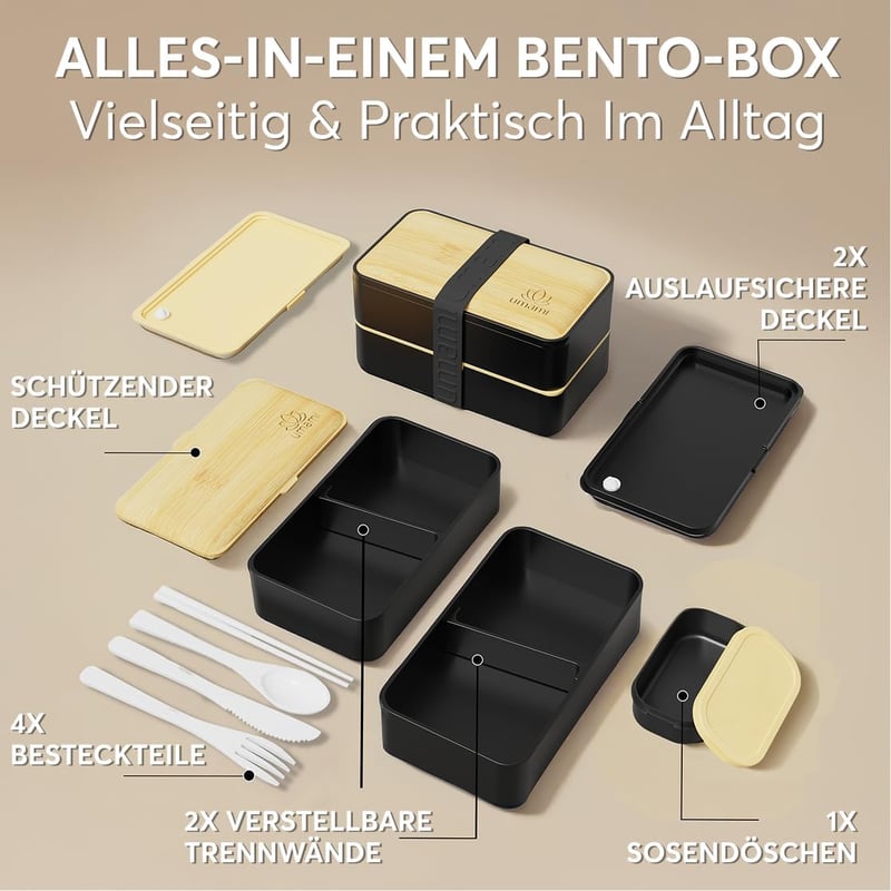Umami Bento Ételhordó Felnőtteknek és Gyerekeknek, 2 Szósz Tartóval, Mikrózható és Mosogatógépben Mosható