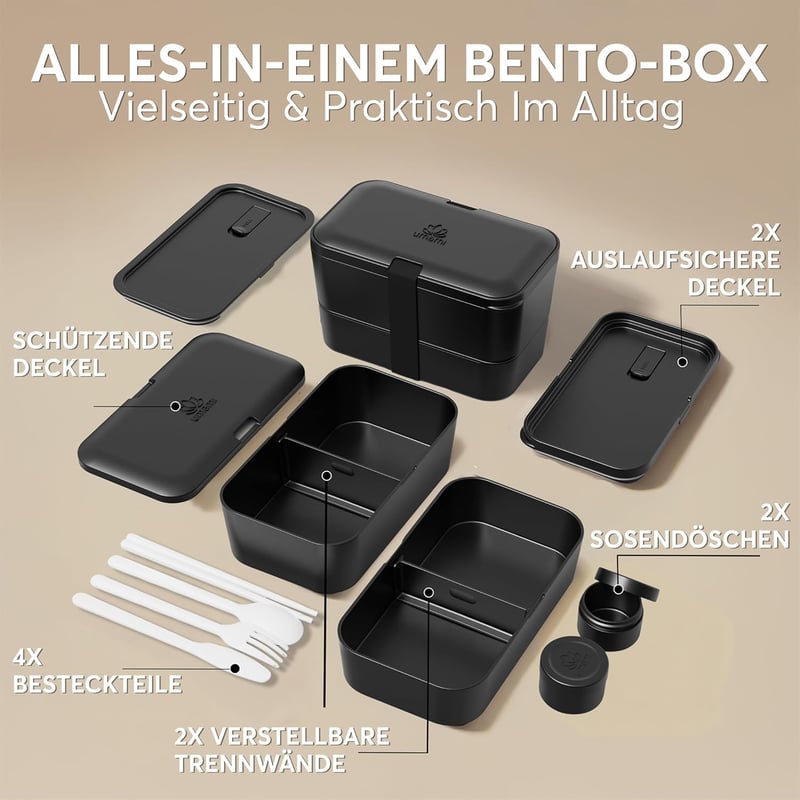 Umami Szilikon Ételhordó 1500ml Fekete - Hermetikus Bento Box Evőeszközzel