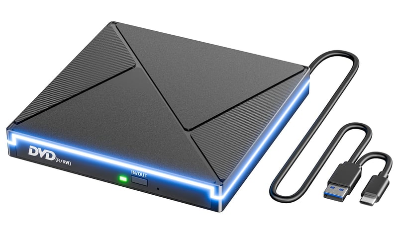 Externá CD/DVD mechanika Umaniy s RGB osvetlením, USB 3.0 a USB-C konektorom, napaľovačka a čítačka CD/DVD +/-RW ROM pre notebook, PC, MacBook, iMac, Windows