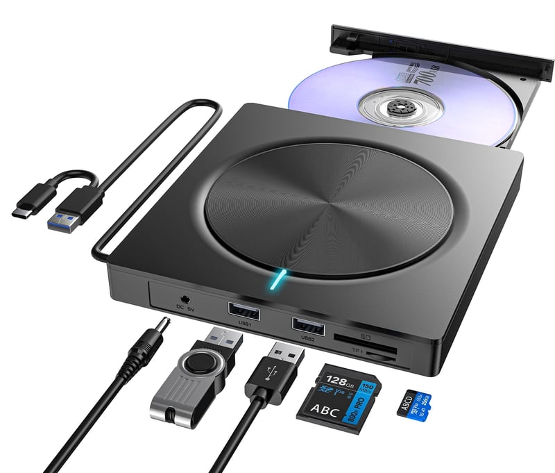 Unitate optică externă CD/DVD Umaniy cu USB 3.0 și USB-C, cititor de carduri SD/TF și 2 porturi USB-A, scriitor DVD portabil pentru laptop, MacBook, Windows și MacOS