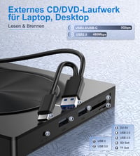 Unitate optică externă CD/DVD Umaniy cu USB 3.0 și USB-C, cititor de carduri SD/TF și 2 porturi USB-A, scriitor DVD portabil pentru laptop, MacBook, Windows și MacOS 6