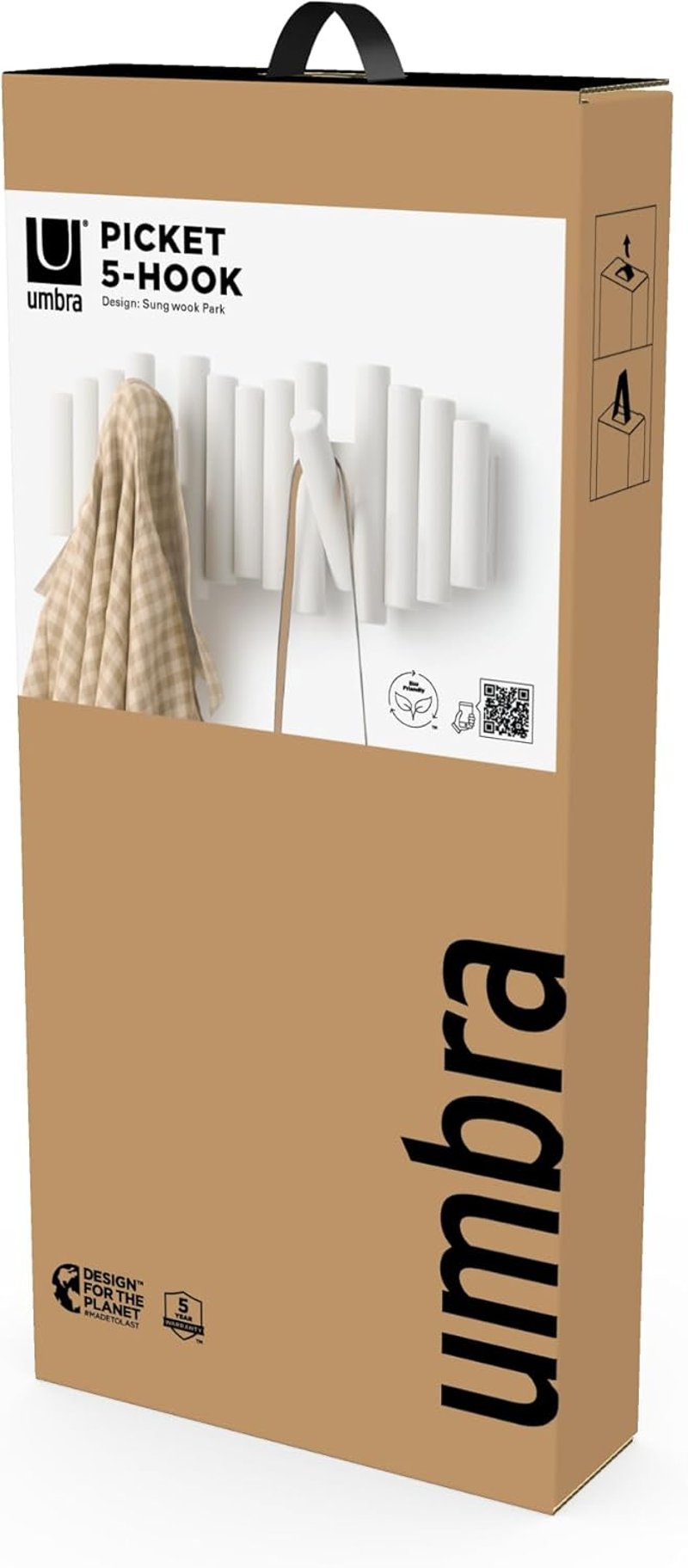 Umbra Picket fehér fali ruhaakasztó 5 összecsukható kampóval fenyőfából - 4.5 cm, White