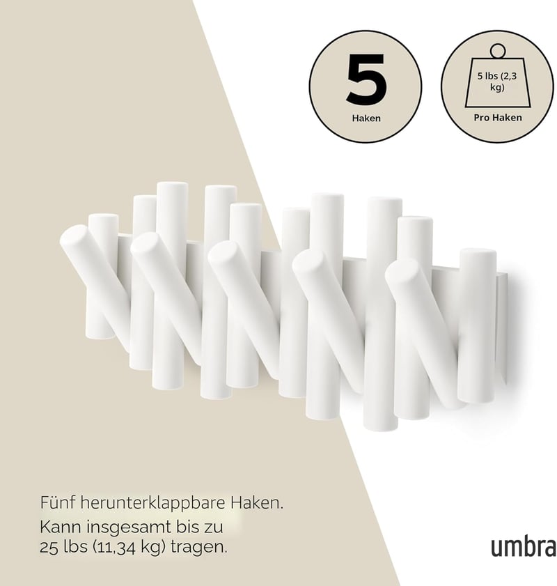 Umbra Picket fehér fali ruhaakasztó 5 összecsukható kampóval fenyőfából - 4.5 cm, White