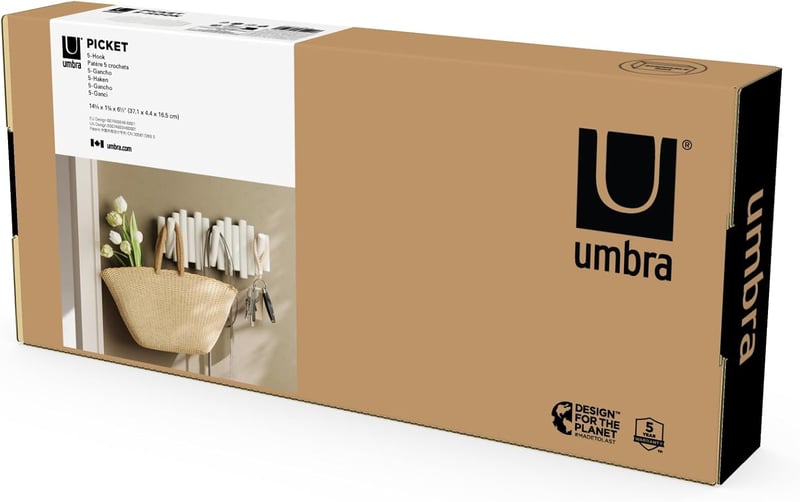 Umbra Picket fehér fali ruhaakasztó 5 összecsukható kampóval fenyőfából - 4.5 cm, White