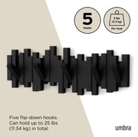 Umbra Sticks Zidna vješalica s 5 kuka – Crna, moderna vješalica za kapute za hodnik i spavaću sobu, reciklirana plastika 5
