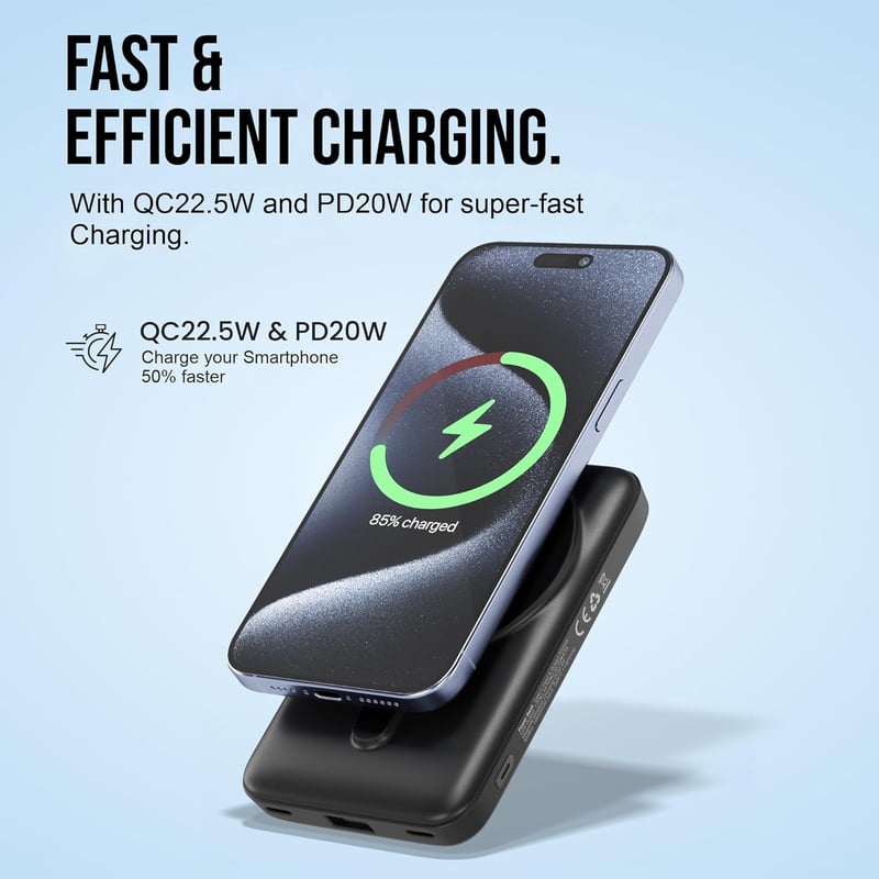 UMBRELLA Powerbank 10000 mAh Kék - Vezeték Nélküli Mágneses Töltő USB-C Gyorstöltés 22.5W PD 20W LED Kijelző Hordozható