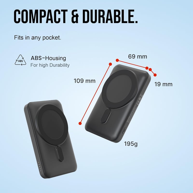 UMBRELLA Powerbank 10000 mAh Kék - Vezeték Nélküli Mágneses Töltő USB-C Gyorstöltés 22.5W PD 20W LED Kijelző Hordozható