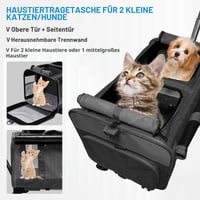 Geantă de transport pliabilă pentru animale de companie Umelee, cu 2 compartimente, roți și mâner telescopic, până la 20 kg, pentru 2 pisici/câini, negru 2