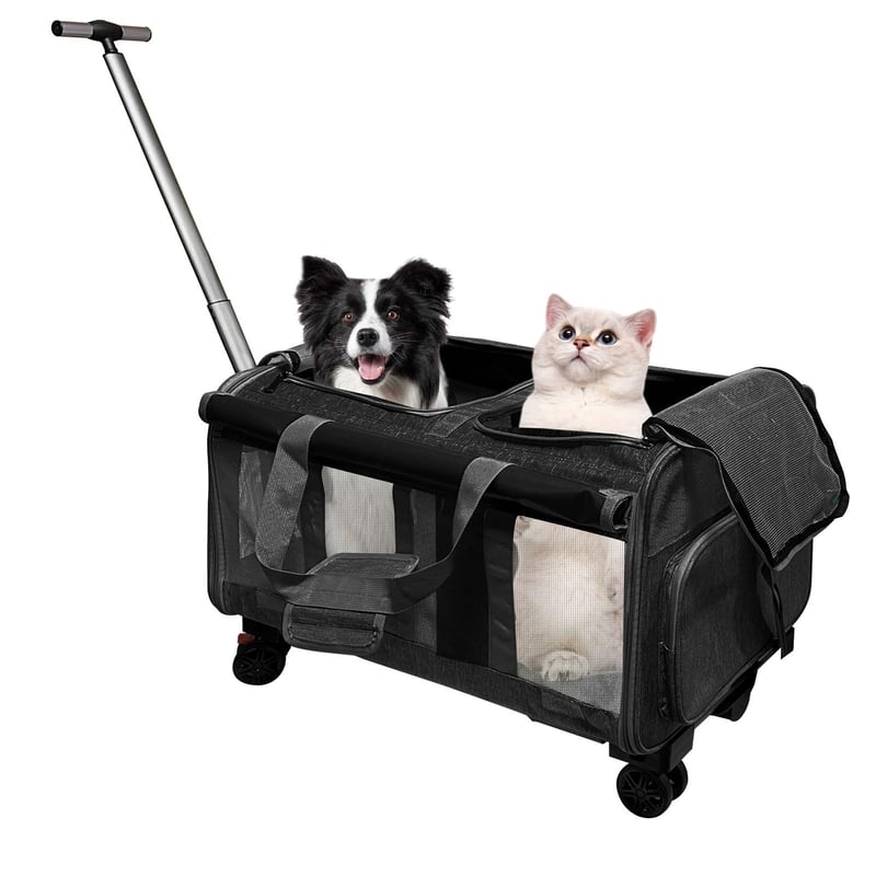 Geantă de transport pliabilă pentru animale de companie Umelee, cu 2 compartimente, roți și mâner telescopic, până la 20 kg, pentru 2 pisici/câini, negru