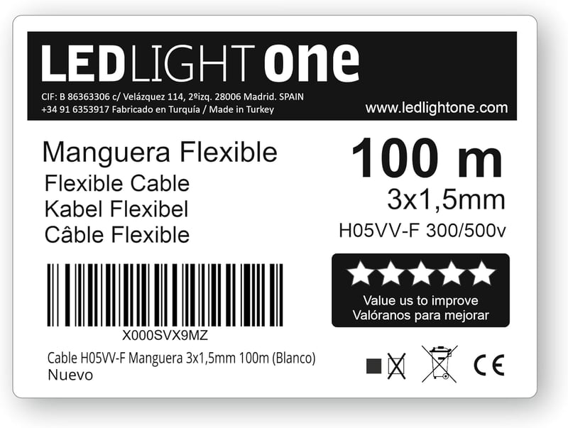 Unal H05VVV-F Kábel 3x1,5mm² 100m Fehér - 500V Réz Vezeték Lakó- és Kereskedelmi Épületekhez, 70°C Hőállóság, Fix és Mobil Szereléshez
