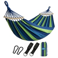 UNBOX vanjska pamučna viseća mreža (hammock) s drvenom šipkom, 250x180 cm, nosivost 300 kg, plavo-zelene pruge, s trakama i torbom, za vrt, kampiranje, balkon 1