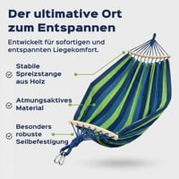 UNBOX vanjska pamučna viseća mreža (hammock) s drvenom šipkom, 250x180 cm, nosivost 300 kg, plavo-zelene pruge, s trakama i torbom, za vrt, kampiranje, balkon 4