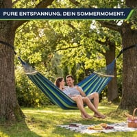 UNBOX vanjska pamučna viseća mreža (hammock) s drvenom šipkom, 250x180 cm, nosivost 300 kg, plavo-zelene pruge, s trakama i torbom, za vrt, kampiranje, balkon 10
