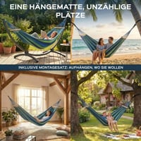 UNBOX vanjska pamučna viseća mreža (hammock) s drvenom šipkom, 250x180 cm, nosivost 300 kg, plavo-zelene pruge, s trakama i torbom, za vrt, kampiranje, balkon 7