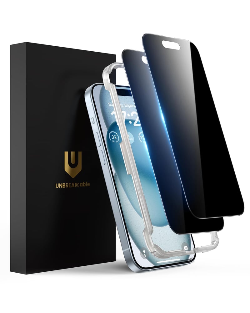 Folie de protecție din sticlă securizată UNBREAKcable cu filtru de confidențialitate pentru iPhone 15 (6,1 inchi) - Anti-Spy, rezistentă la zgârieturi, anti-amprentă, fără bule - 2 bucăți