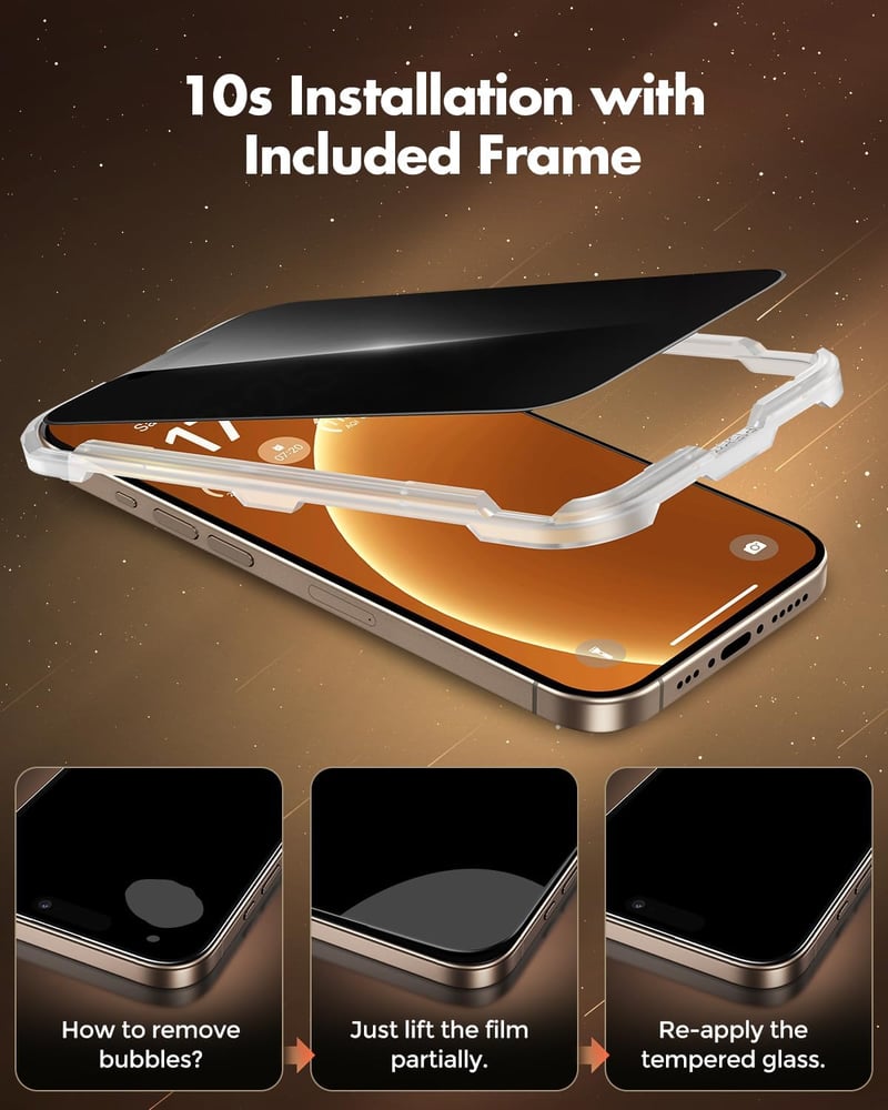 UNBREAKcable iPhone 16 Pro 6,3 hüvelykes adatvédelmi edzett üveg kijelzővédő anti-spy, teljes felület, telepítő kerettel, 2 db