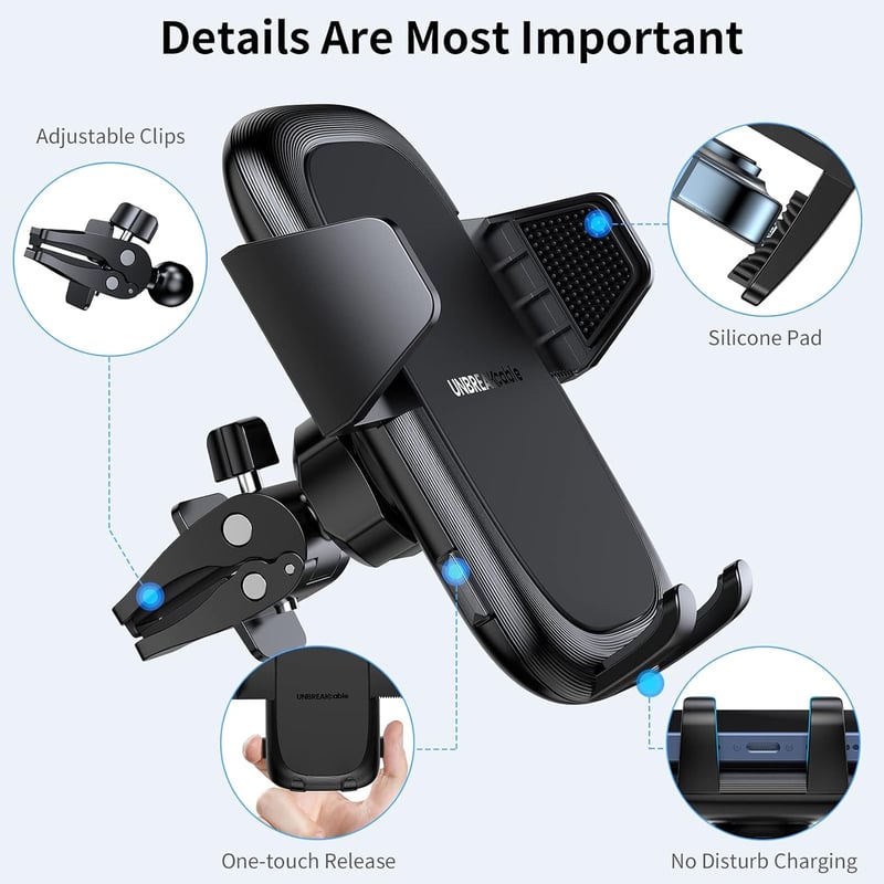 UNBREAKcable Univerzális autós mobiltartó szellőzőrácsra és műszerfalra, szilikon védelemmel iPhone Samsung Huawei Google LG készülékekhez