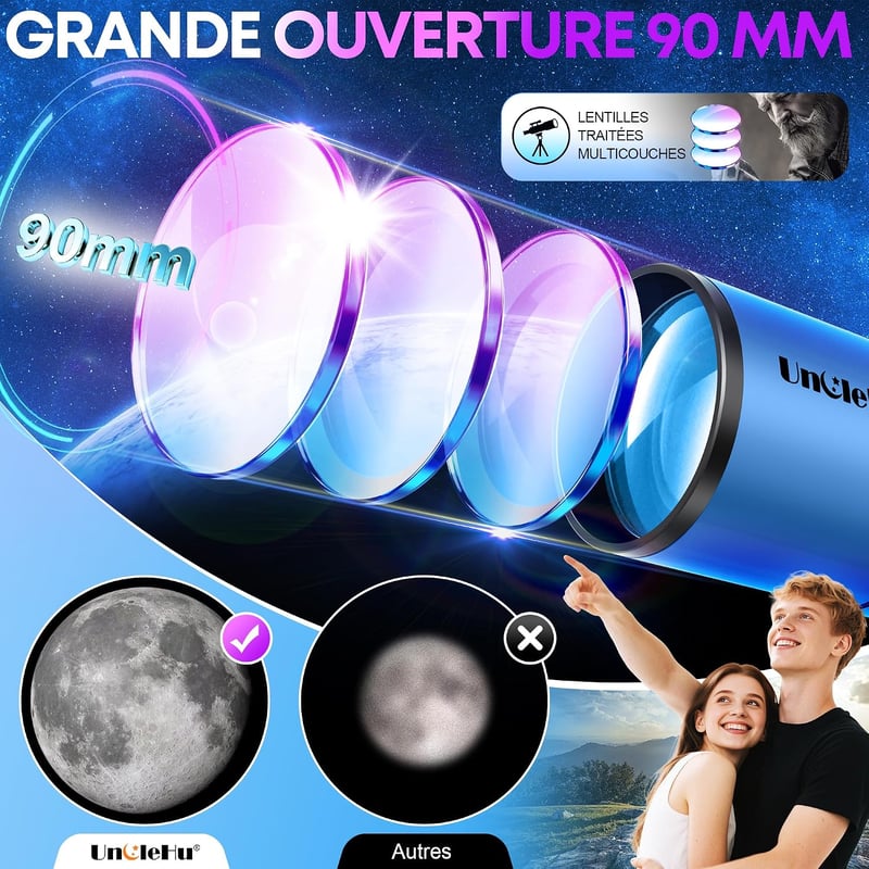 UncleHu Csillagászati távcső kezdőknek gyerekeknek felnőtteknek 22x-165x 90 mm 550 mm refraktor állvánnyal székkel mobiltelefon tartóval hor