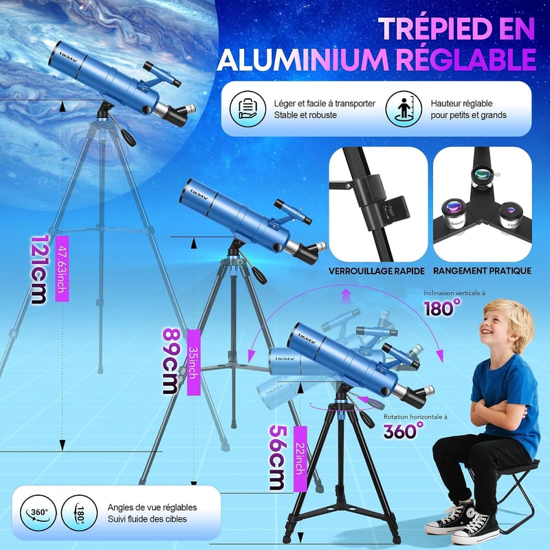 UncleHu Csillagászati távcső kezdőknek gyerekeknek felnőtteknek 22x-165x 90 mm 550 mm refraktor állvánnyal székkel mobiltelefon tartóval hor