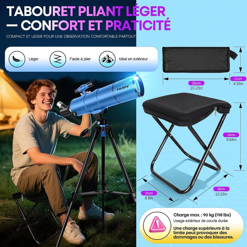 UncleHu Csillagászati távcső kezdőknek gyerekeknek felnőtteknek 22x-165x 90 mm 550 mm refraktor állvánnyal székkel mobiltelefon tartóval hor