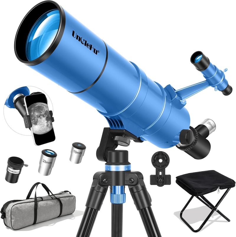 UncleHu Csillagászati távcső kezdőknek gyerekeknek felnőtteknek 22x-165x 90 mm 550 mm refraktor állvánnyal székkel mobiltelefon tartóval hor