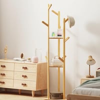 unho Bamboo Fa Alakú Ruhaállvány 8 Horgos 3 Polcos Kabátfal Előszobához 2