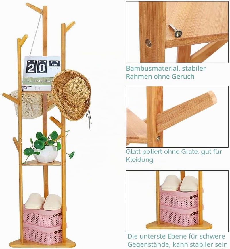 unho Bamboo Fa Alakú Ruhaállvány 8 Horgos 3 Polcos Kabátfal Előszobához