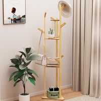unho Bamboo Fa Alakú Ruhaállvány 8 Horgos 3 Polcos Kabátfal Előszobához 4