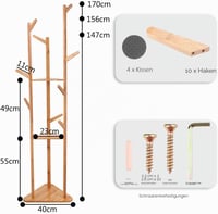 unho Bamboo Fa Alakú Ruhaállvány 8 Horgos 3 Polcos Kabátfal Előszobához 6