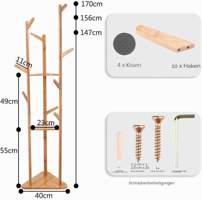 unho Bamboo Fa Alakú Ruhaállvány 8 Horgos 3 Polcos Kabátfal Előszobához