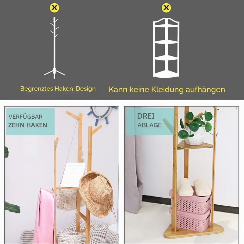 unho Bamboo Fa Alakú Ruhaállvány 8 Horgos 3 Polcos Kabátfal Előszobához