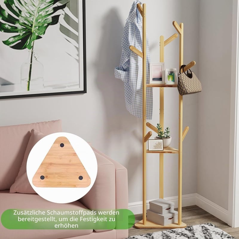unho Bamboo Fa Alakú Ruhaállvány 8 Horgos 3 Polcos Kabátfal Előszobához