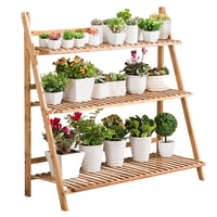Unho Suport pentru flori din bambus - Etajeră pliabilă din lemn cu 3 niveluri, suport pentru plante de interior și exterior, maro, 100 x 38 x 97 cm 1