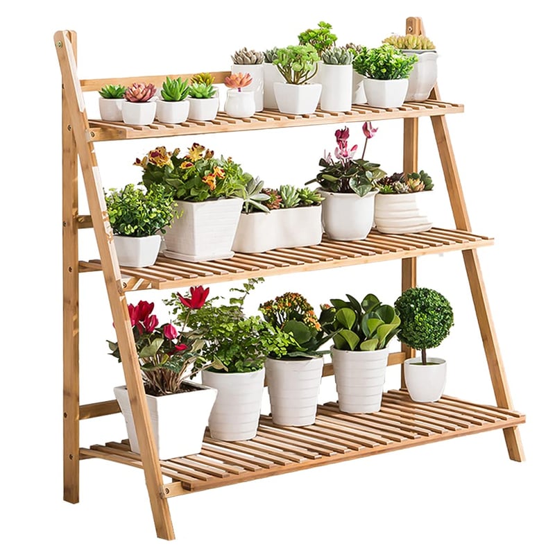Unho Suport pentru flori din bambus - Etajeră pliabilă din lemn cu 3 niveluri, suport pentru plante de interior și exterior, maro, 100 x 38 x 97 cm