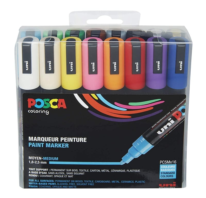 Set markere Uni-ball Posca PC5M, vârf mediu – 16 culori de bază, grosime vârf 1.8-2.5 mm